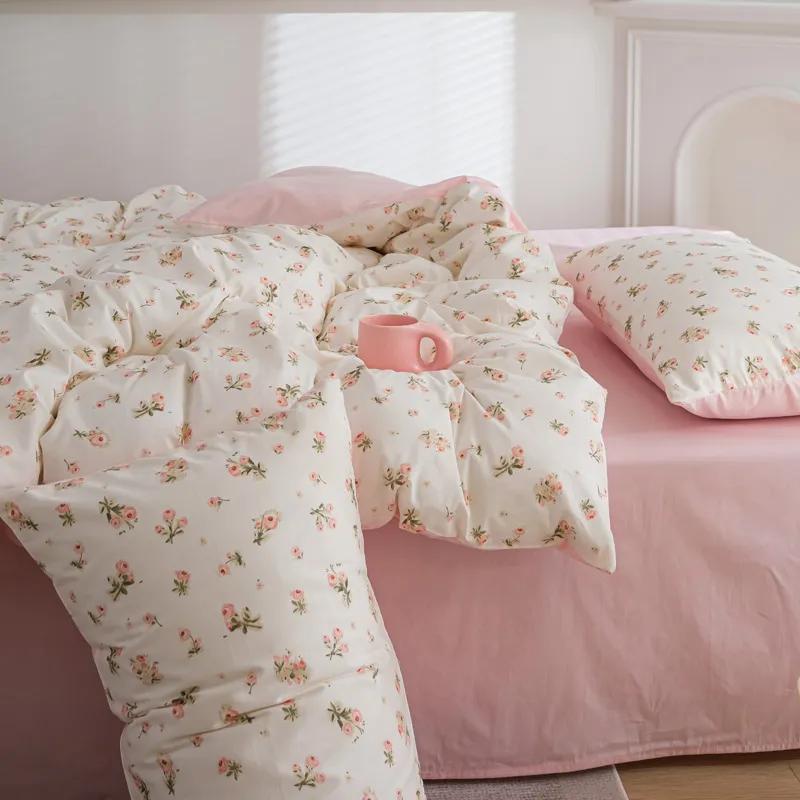 Pink Flowers Duvet Cover Set Ins Fashion Single Queen Size Girls Boys Flat Sheet Pillowcase No Filler Home Decor Bedding Set
