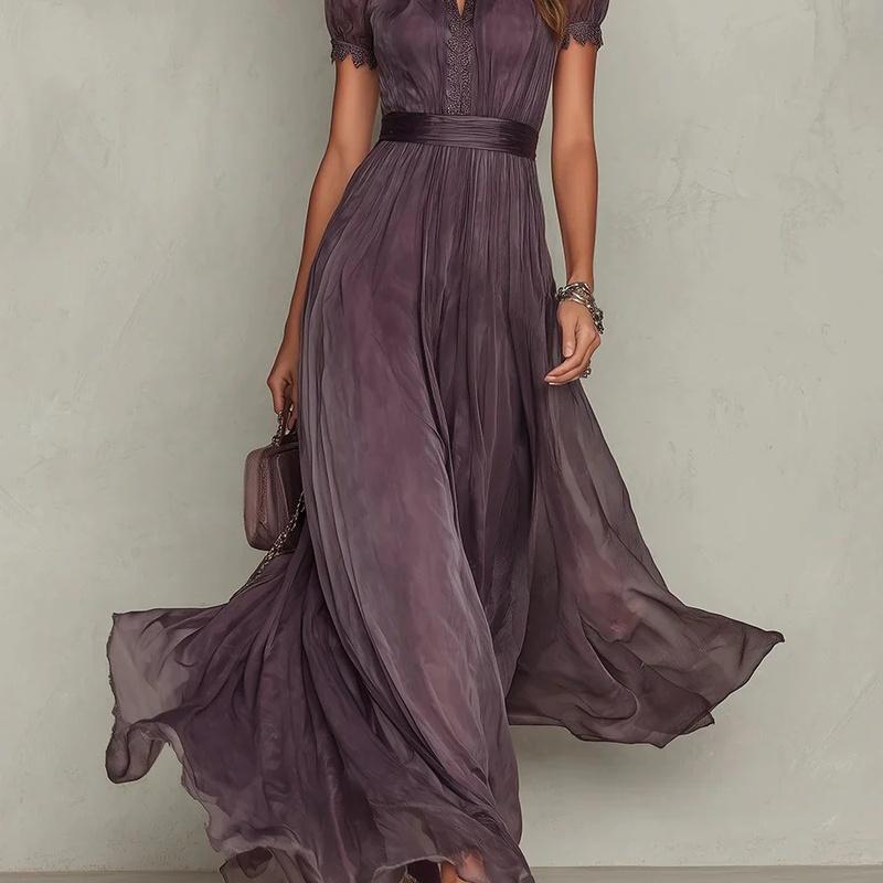 Lila Chiffon Maxikleid mit hohem Kragen Kurze Ärmel Schlüsselloch Fließend Formelles Kleid Elegantes Abendparty Hochzeitsgastkleid S gray