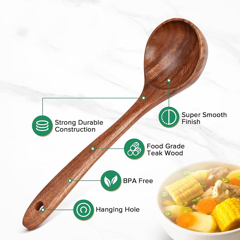 Wooden Soup Spoon 10Inch Teak Soup Ladle Natural Wood Serving Spoon Long Handle Deep Scooper Cooking Soup Spoon Kitchen Supplies
