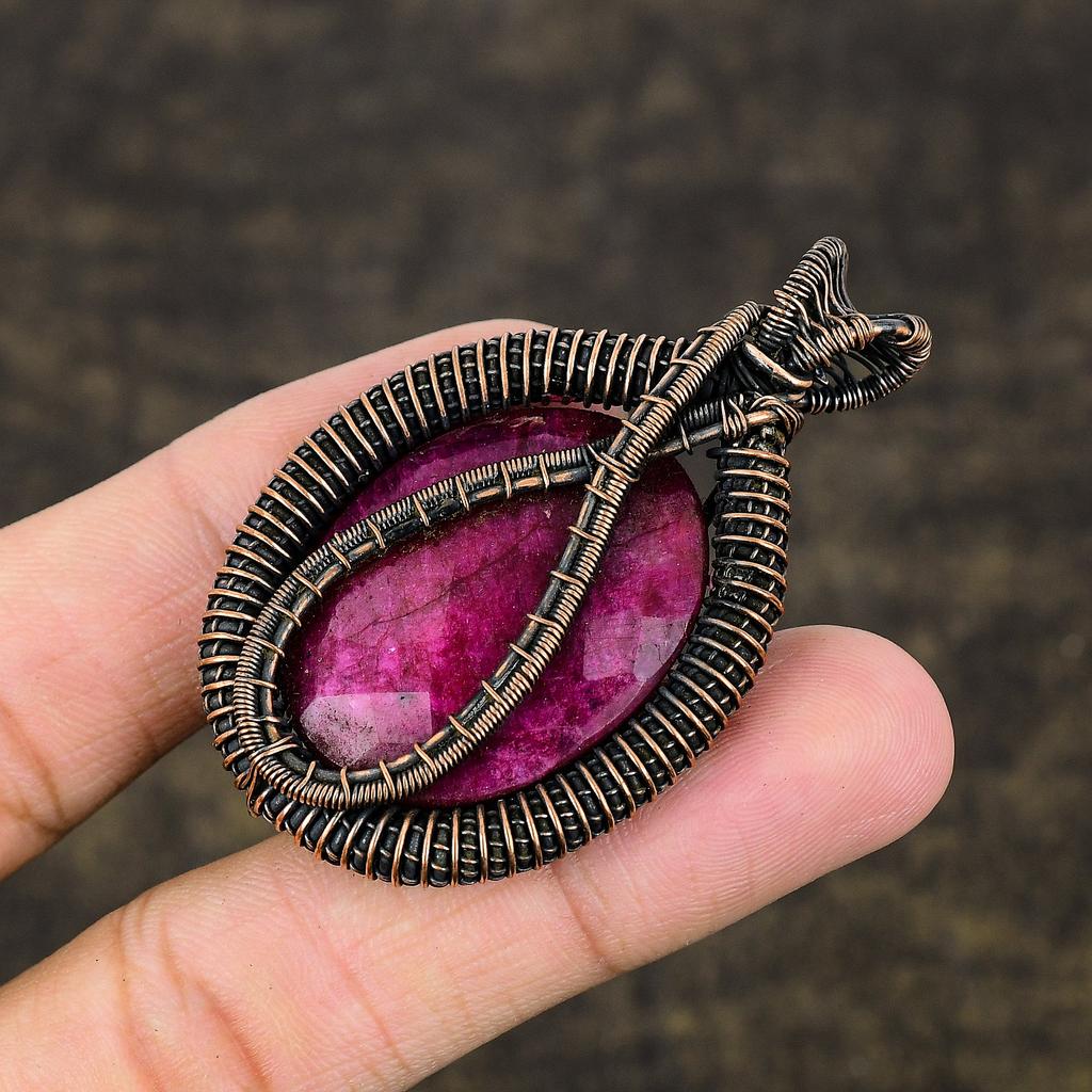 Ruby Natural Gemstone Handmade Copper Wire Wrap Jewelry Pendant 2.28" u8C49