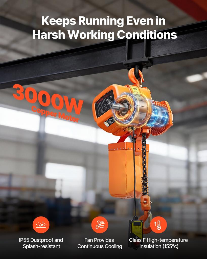 2000 kg Electric Chain Hoist, 6 m Lifting Height, Three-Phase Overhead Crane with 100 m Wireless Remote Control, Single G100 Chain Electric Lift Hoist