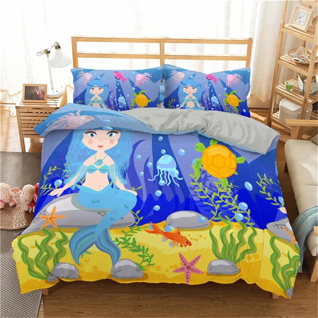 Mermaid Underwater World Comfortable Duvet Quilt Cover Pillowcase Bedding Set Children Bedroom Decoration Home Textile