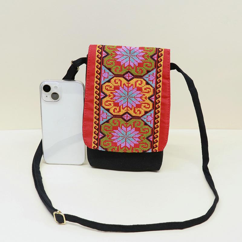 2025 New Ethnic Embroidered Canvas Crossbody Bag Embroidered Two-Layer Mobile Phone Bag Coin Purse