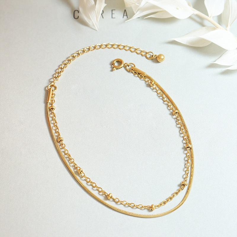 Delicate Double-layer Snake Bone Chain and Exquisite Beaded Bracelet 18K Gold Plated Stainless Steel