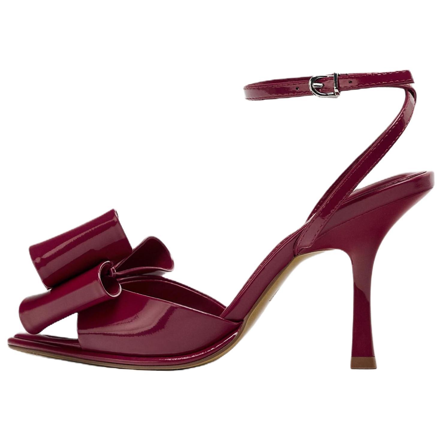 ZARA Patent Leather Bow Ankle Strap High Heel Sandals Burgundy Womens 12334510056 39