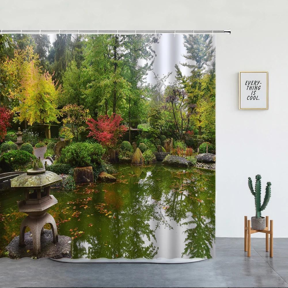 Spring Garden Landscape Shower Curtains Green Plants Flowers Creek Natural Scenery Bath Curtains Bathroom Decor With Hooks