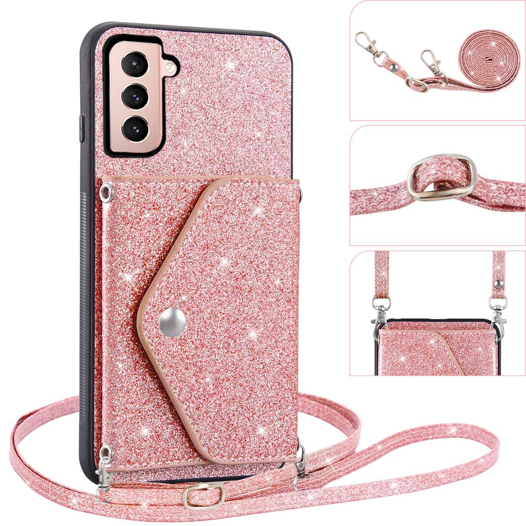 Glitter Phone Case for Samsung Galaxy S23 Kickstand Card Holder Leather Coated TPU Cover with Shoulder Strap