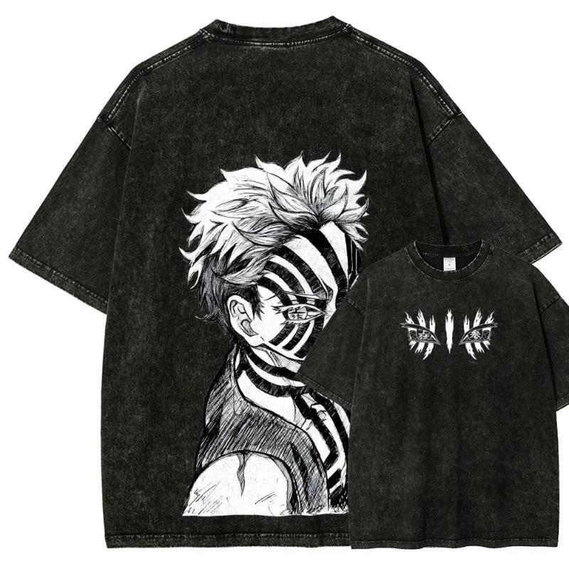 Popular Anime Washed Retro Akaza T-shirt Manga Pattern Men s T-shirt Summer Unisex Casual T-shirt S