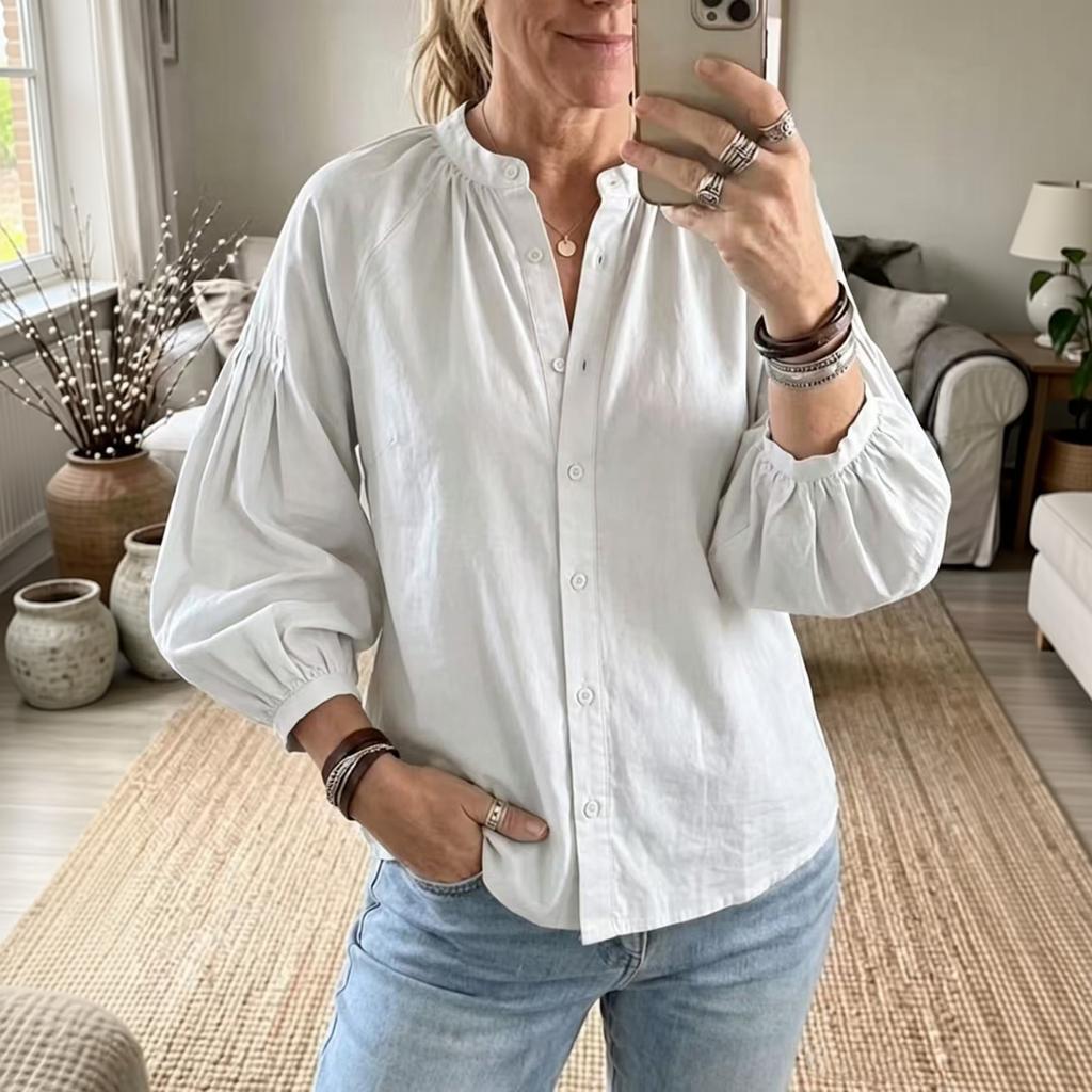 Women's Raglan Puff Sleeve Blouse - Loose Fit Casual Top with Single Button Closure