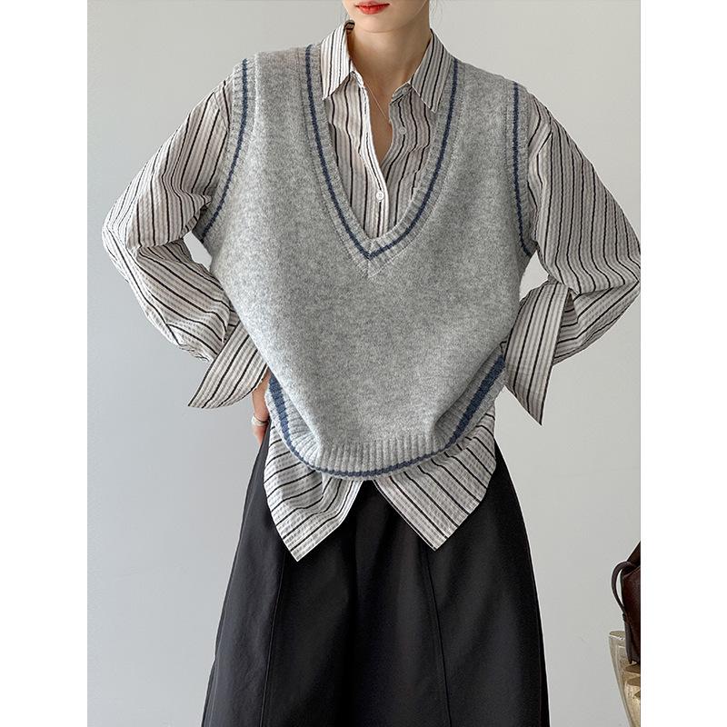 Orange Zhi Retro V-Neck Color Block Knitted Vest - Early Autumn College Girl Style