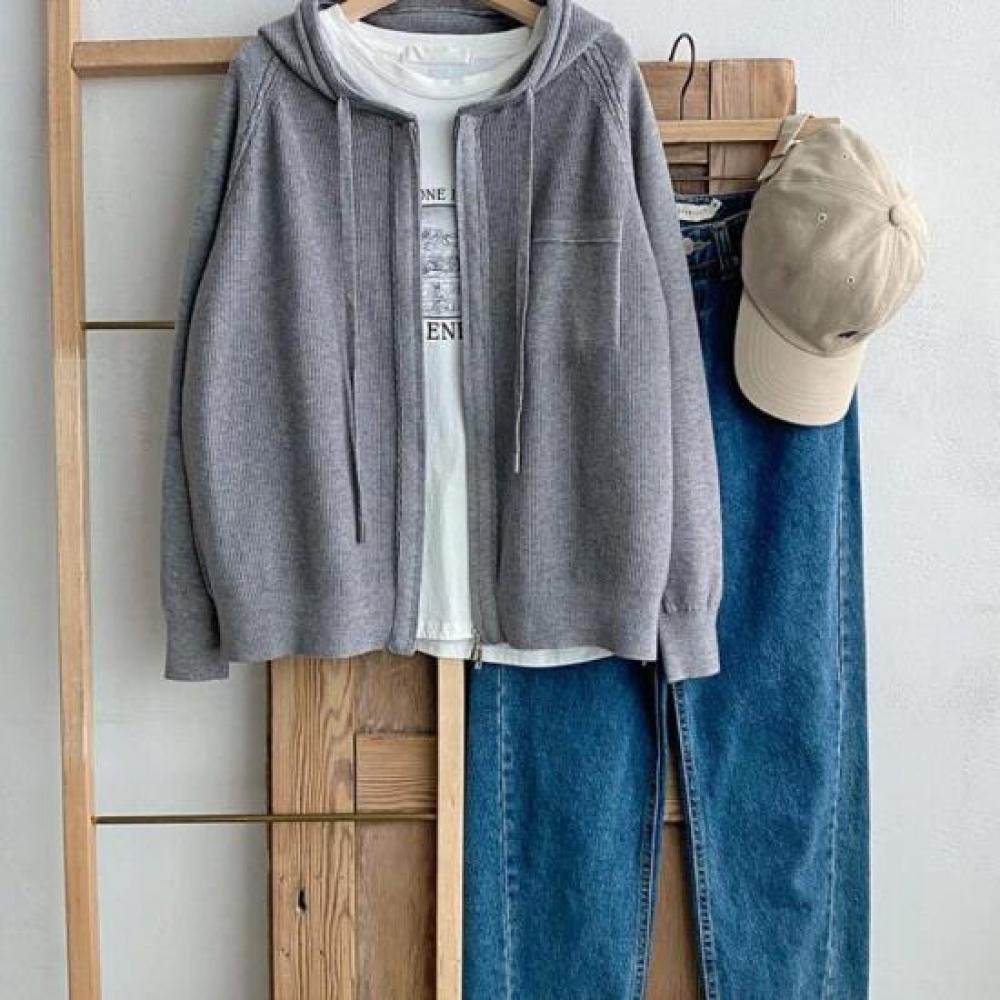 New Arrivals Open Run Modal Rib Knit Cardigan Hoodie Black Jacket