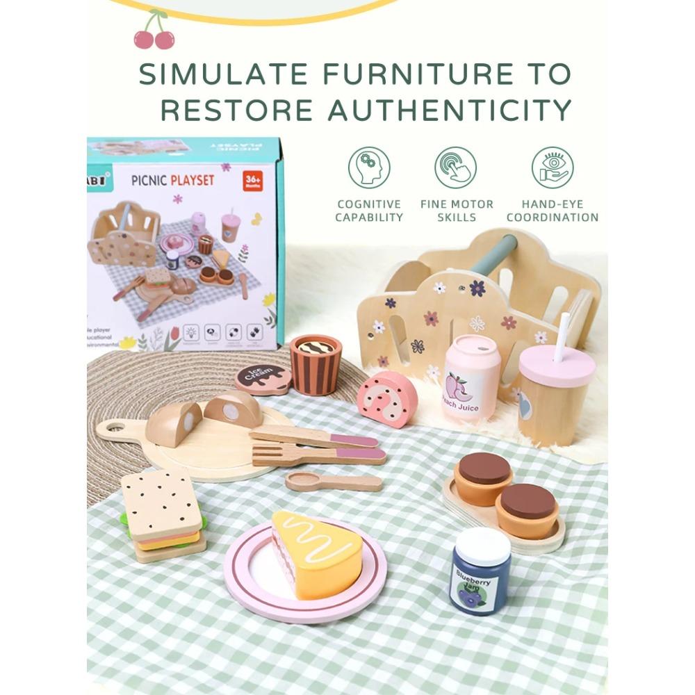 Picnic Basket Hand-held Basket Pretend Play Toys Children's Wooden Simulation Tableware Set Girls' Toys Desserts and Cakes