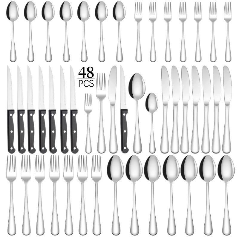 2024 Modern Premium Stainless Steel 48-Piece Cutlery Set - Western Style Steak Knives, Forks, and Spoons