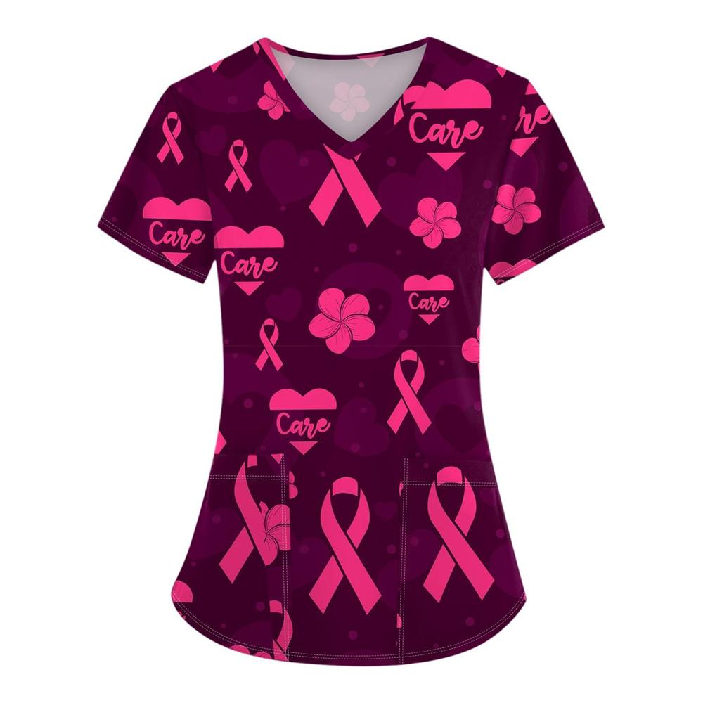 Surgical Uniforms Woman Heart Printed V-Neck Nurses Tops Short Sleeve Patch Pocket Medical Uniforms Surgical Uniforms Nursing