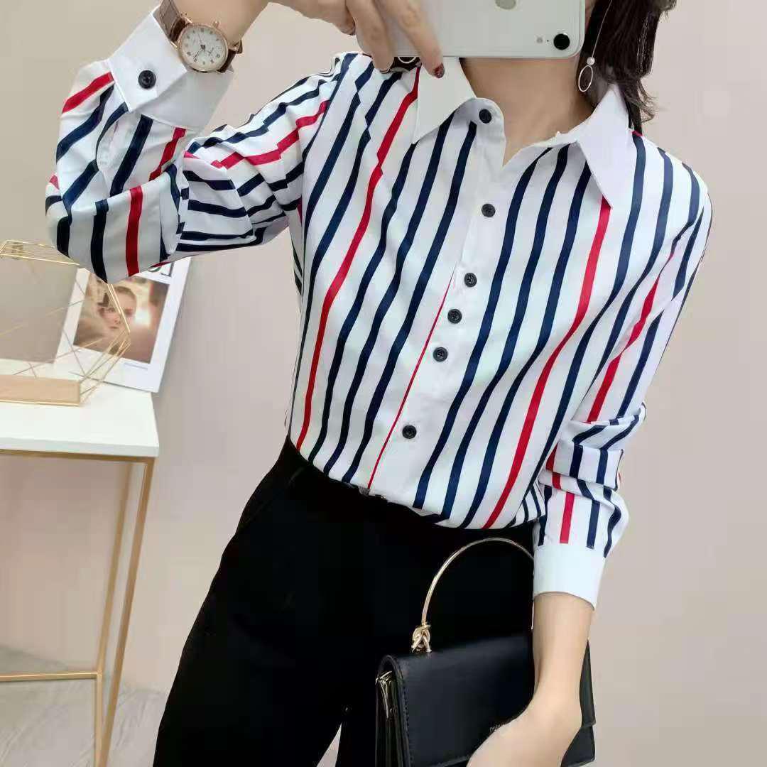 

Женская полосатая рубашка с длинным рукавом в корейском стиле 2024 - Мода весна/осень L (suggested 95-105 jin)