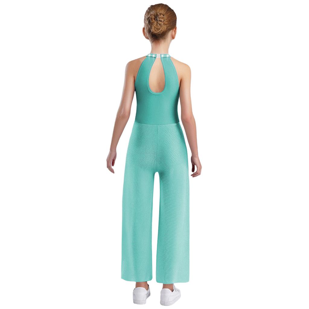 Girls Rhinestone Dance Bodysuit - Shimmery Sleeveless Jumpsuit with Keyhole Back & Side Splits, Built-in Briefs for Performances