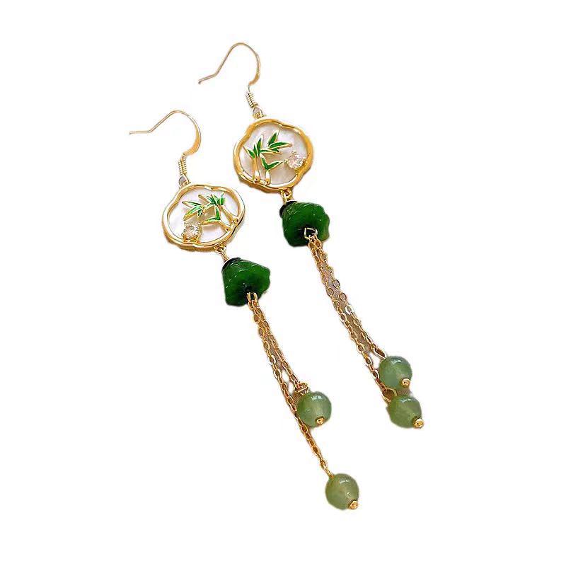 Chinese Emerald Tassel Lotus Pod Earrings: Unique, Long Style, Versatile Fashion Accessory for Women