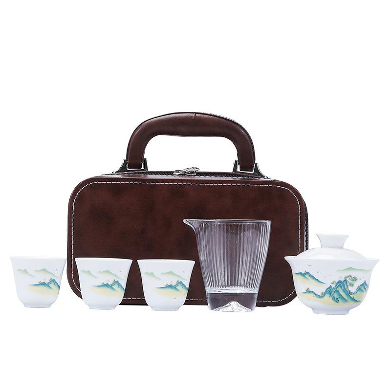 Dehua Simple White Porcelain Suet Jade Cover Bowl Travel Tea Set Small Set Outdoor Portable Going Out Business Activities Gifts