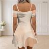 Women Plus Size Cold Shoulder Printed Dress V Neck Zipper Short Sleeve Chain Strap Flared Hem
