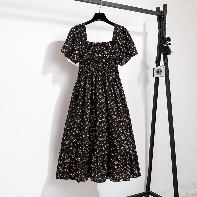 Moda Estiva Abito Casual a Maniche Corte da Donna Vita Elastica Stampato Floreale A-line Abito Midi Abito in Chiffon da Donna