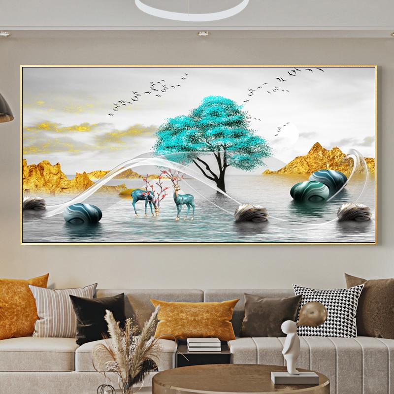 Chinese Feng Shui Golden Rich Tree Canvas Painting Wall Art Deer Landscape Lucky Stone Posters Wall Art for Living Room Decor