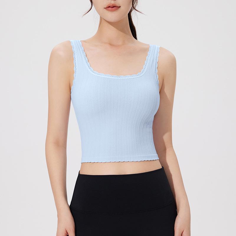 Women's White Lace Camisole with Chest Pads - Slim Fit Yoga Tank with Built-in Bra