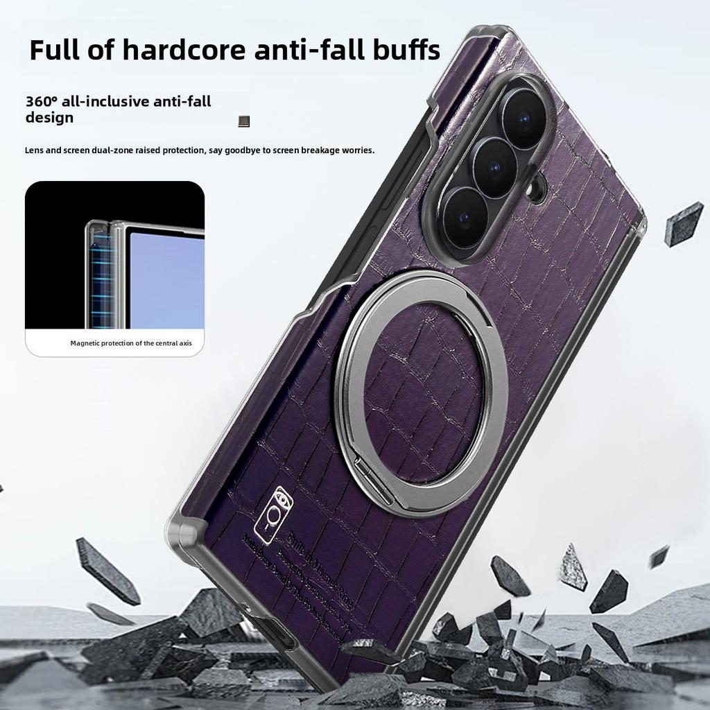 360 Rotating Magneric Kickstand Crocodile Patterned Leather Phone Case for Samsung Z Fold 7 6 5 4 Shockproof For Magsafe Cover