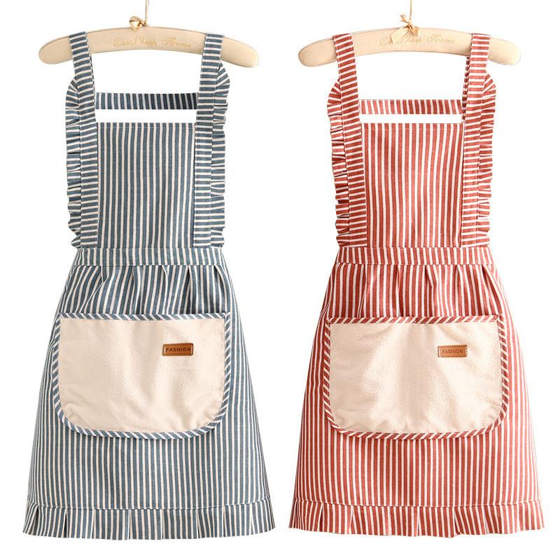 Striped Linen Cotton Apron Breathable Home Kitchen Restaurant Bib Anti Stain