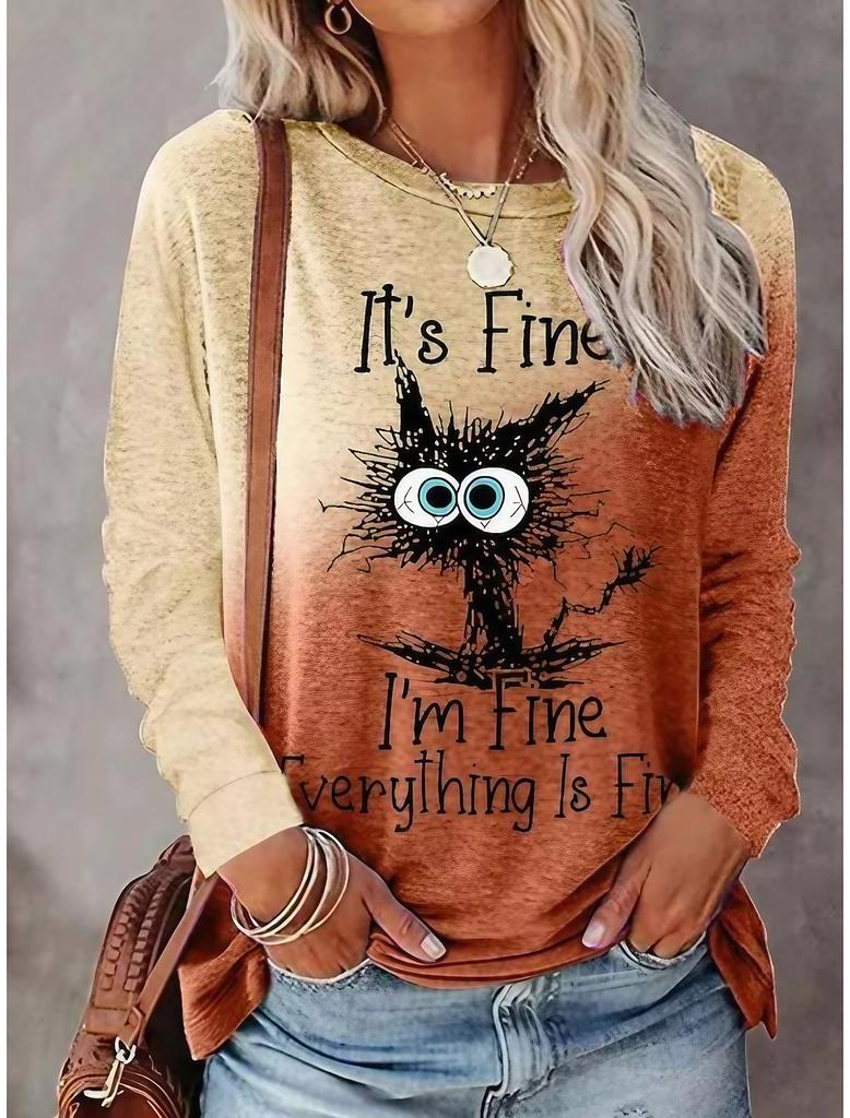New 3D Cute Cat Printed Women's Casual Fashion Round Neck Long Sleeve T-shirt