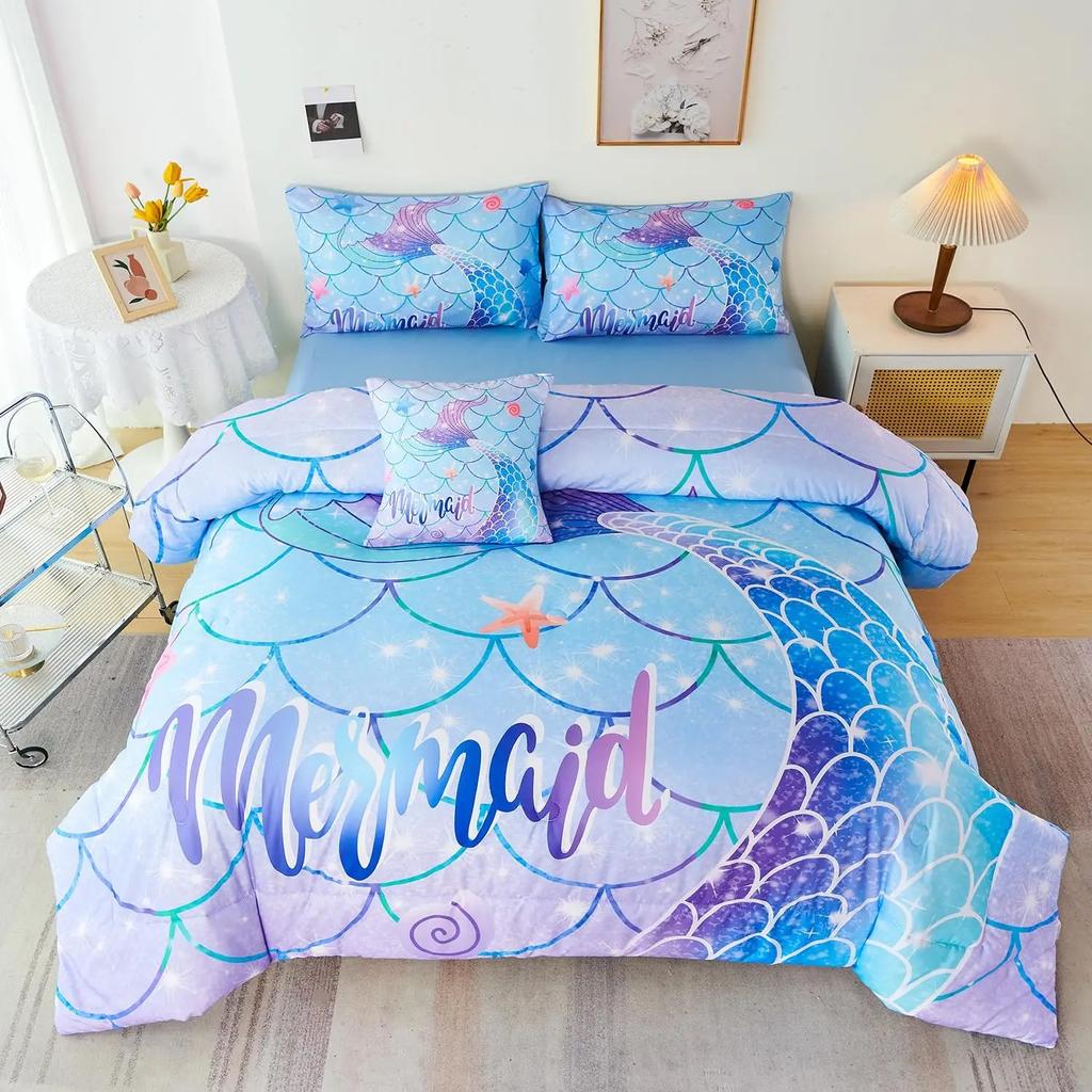Pink Mermaid Bedding Set Comforter Twin for Kids, Glow In The Dark Mermaid Bedding Sets with Decor Pillow,3 Pieces Girls Bed Set