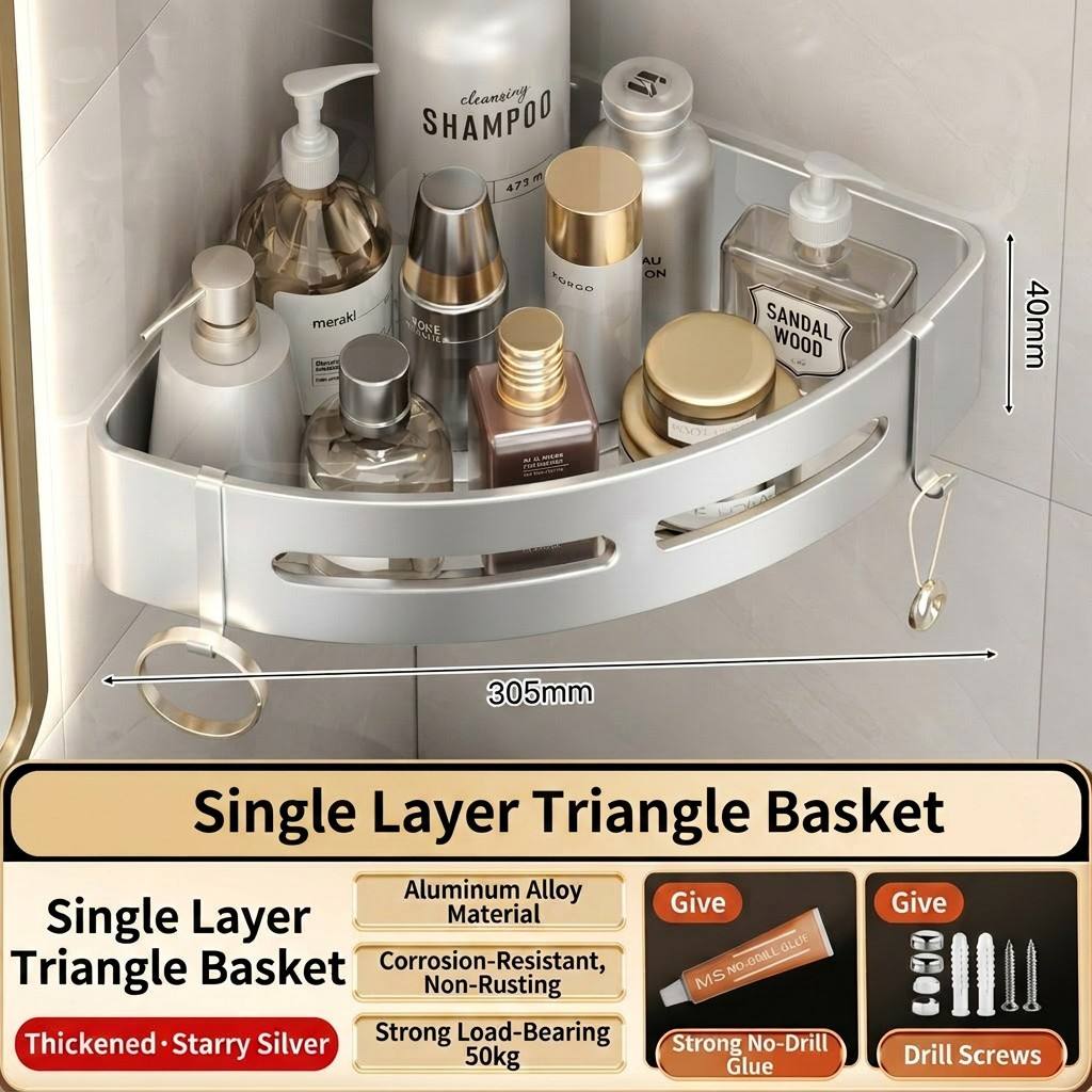 Silver Towel Rack for Bathroom, No-drill Bathroom Shelf, Washroom Towel Rack, Aluminum Alloy Storage Triangle Basket