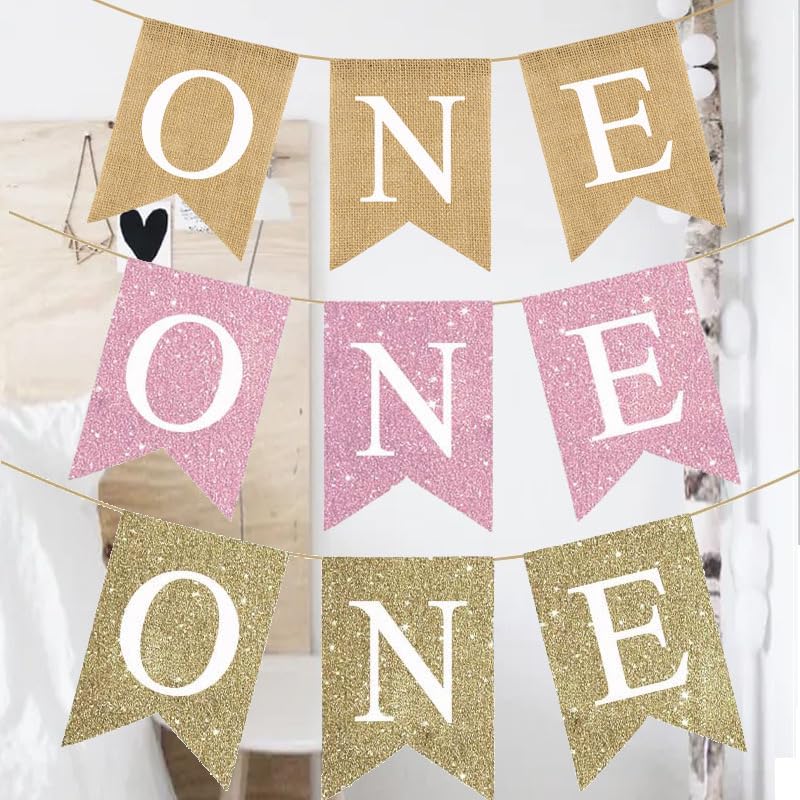 Pink Glitter One High Chair Banner, First Birthday Decor, Glittery Bunting for One Year Old Girl Party Supplies