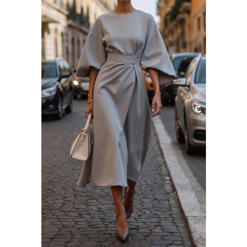 Women's Fashion Elegant and Refined Solid-color Cinched Waist Dress Casual Bat-sleeve Long Dress