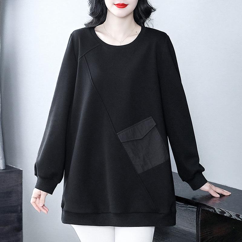 Plus Size Fleece-Lined Casual Loose Sweatshirt with Pockets - Slimming Long Sleeve Top for Middle-Aged Women