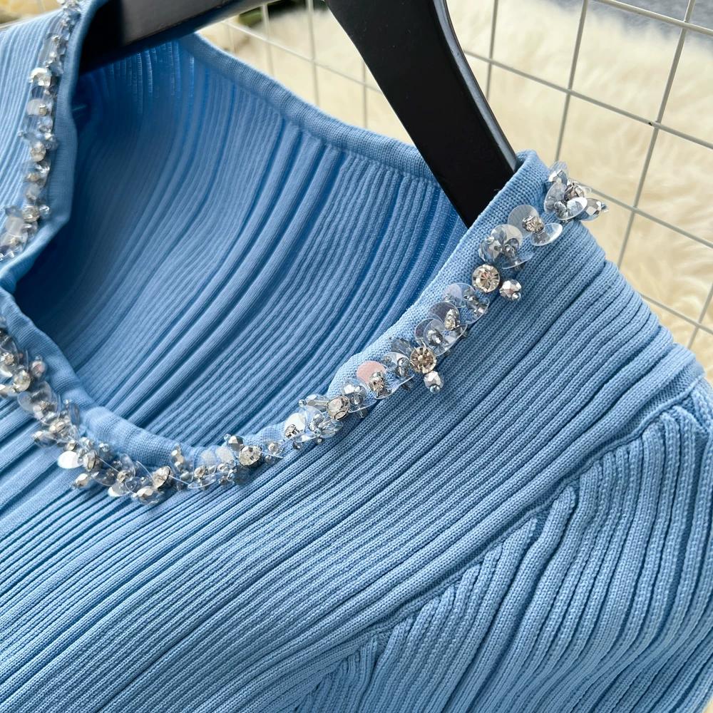 2026 Nuovi Arrivi Estivi Vestito Maglione Scollo a U Perline Manica Corta Aderente per Vestito da Festa di Compleanno Vestito Maglia Pieghettato Blu Strass Eventi Serata