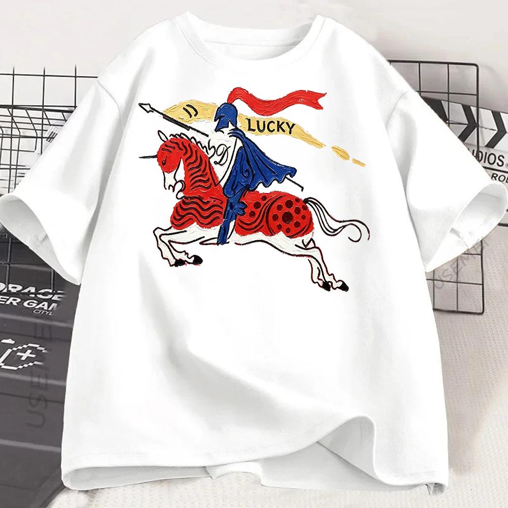 Vintage Knight Horse Print Tshirt Unisex Summer Loose Short Sleeve Retro Art Graphic Tee Casual Fashion Top Harajuku Tops