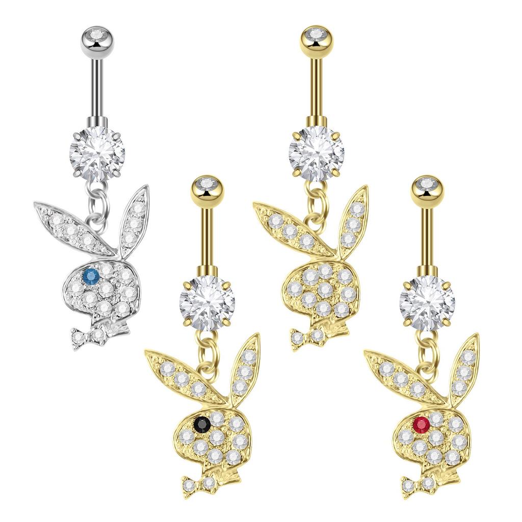 Rhinestone Cartoon Rabbit Stainless Steel Navel Ring with Zirconia