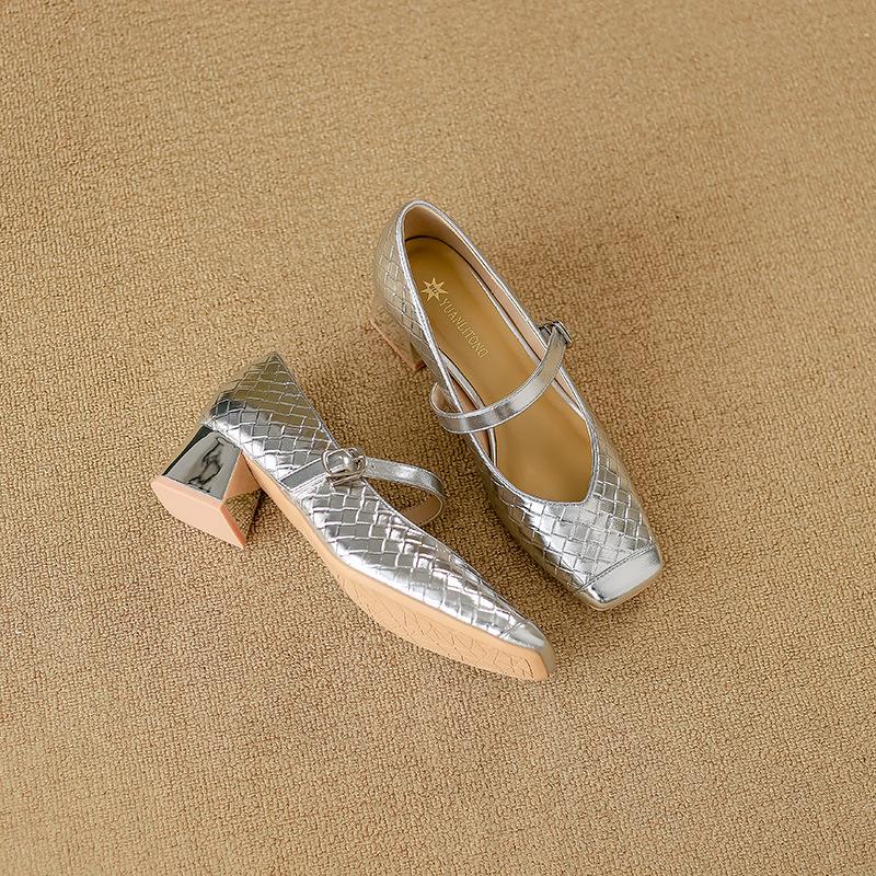 Sheepskin Version~ Silver Single Shoes Women's 2025 New High Heels Women's Wear High-end Thick Heels Women's Shoes Are Not Tired