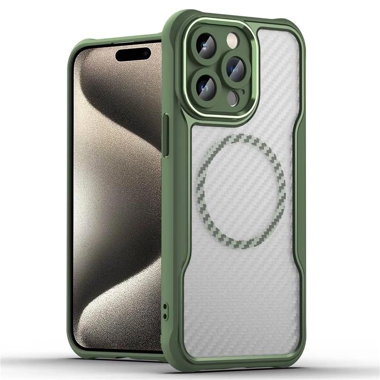 

For iPhone 14 Pro Max Slim Case Carbon Fiber Texture TPU+PC Phone Cover Compatible with MagSafe - Green