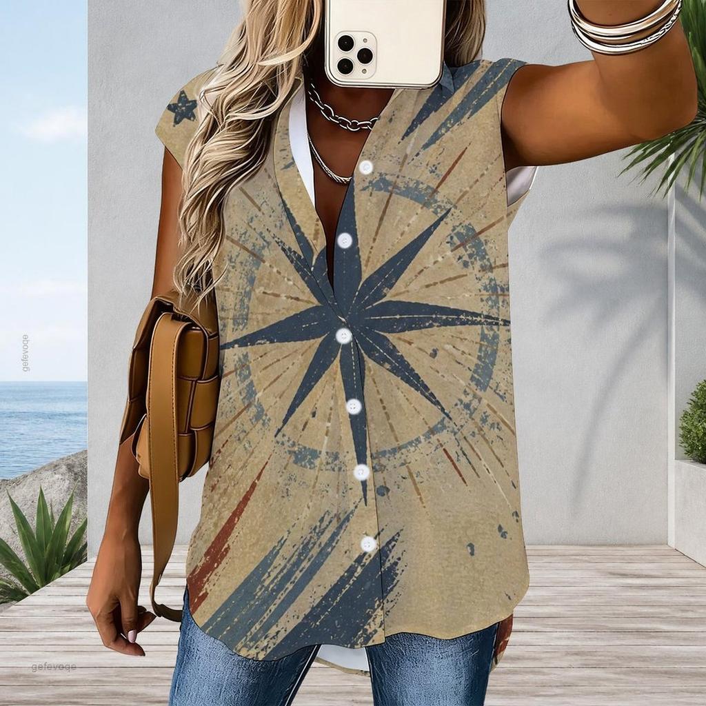 Women Plus Size Cap Sleeve Button Front Tunic Dress Pink Crystal Diamond Heart Print Curved Hem Casual Shirt Blouse