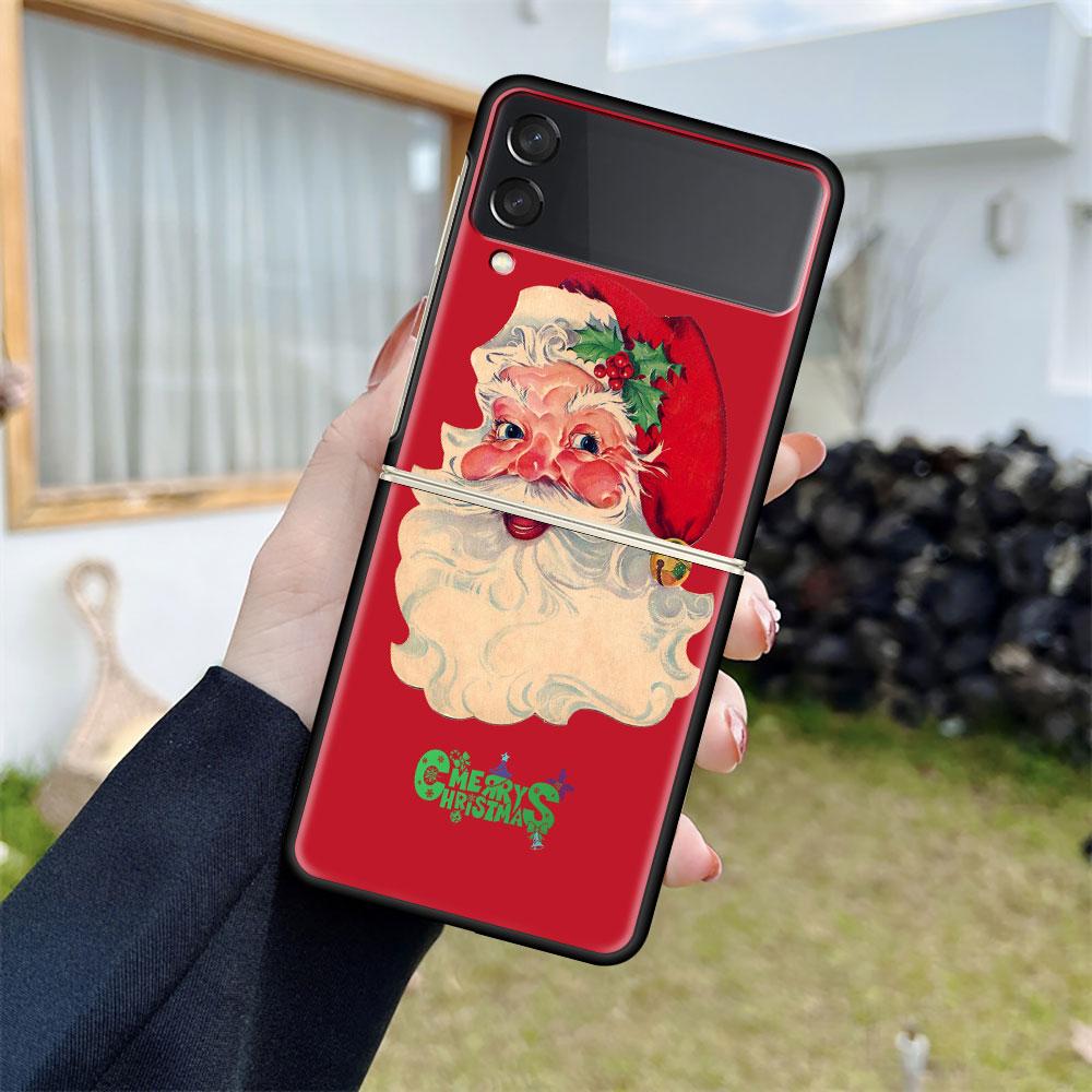 Luxury Case For Samsung Galaxy Z Flip 4 3 5G Black PC Hard Phone Cases Fashion Back Cover ZFlip Funda Merry Christmas Shell Capa