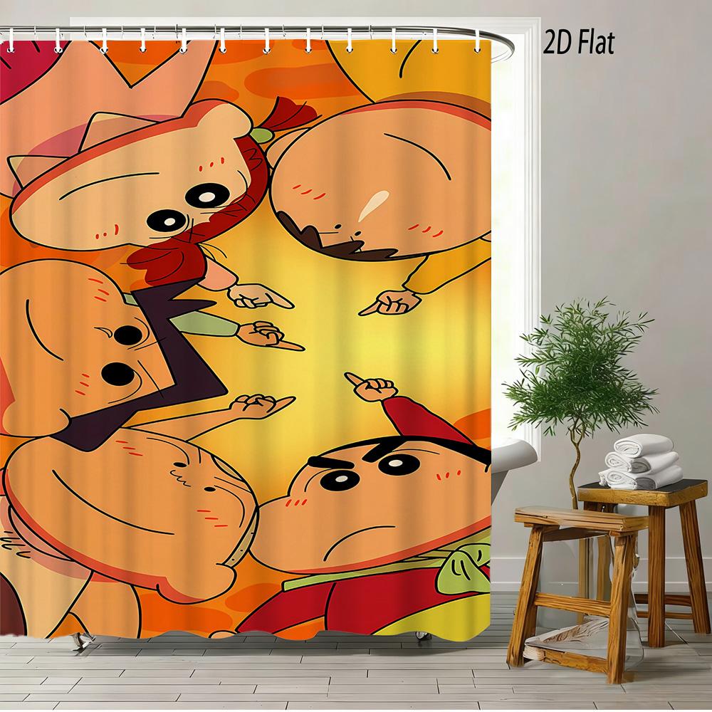 Crayon Shin-Chan & Shiro & Himawari Photo Collage Scene 2D Print Waterproof Shower Curtain, Warm Yellow Checkered With Star Acce