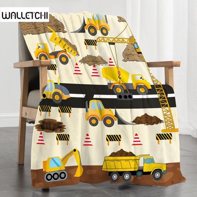 Žlutá deka se stavebním náklaďákem Kreslený traktor Auta Flanelové přehozy pro všechna roční období Dětská chlapecká deka s bagrem na pohovku