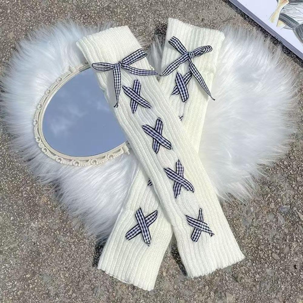 Japanische weiße Goth Strick-Armstulpen Damen Herbst Winter Beinwärmer 2024 Neue fingerlose Handschuhe gray