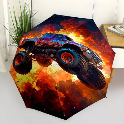 Monster Truck Themed Travel Umbrella 8 Ribs Automatic Opening and Closing,Portable Folding Design,Compact and Stylish Umbrella Suitable Fo