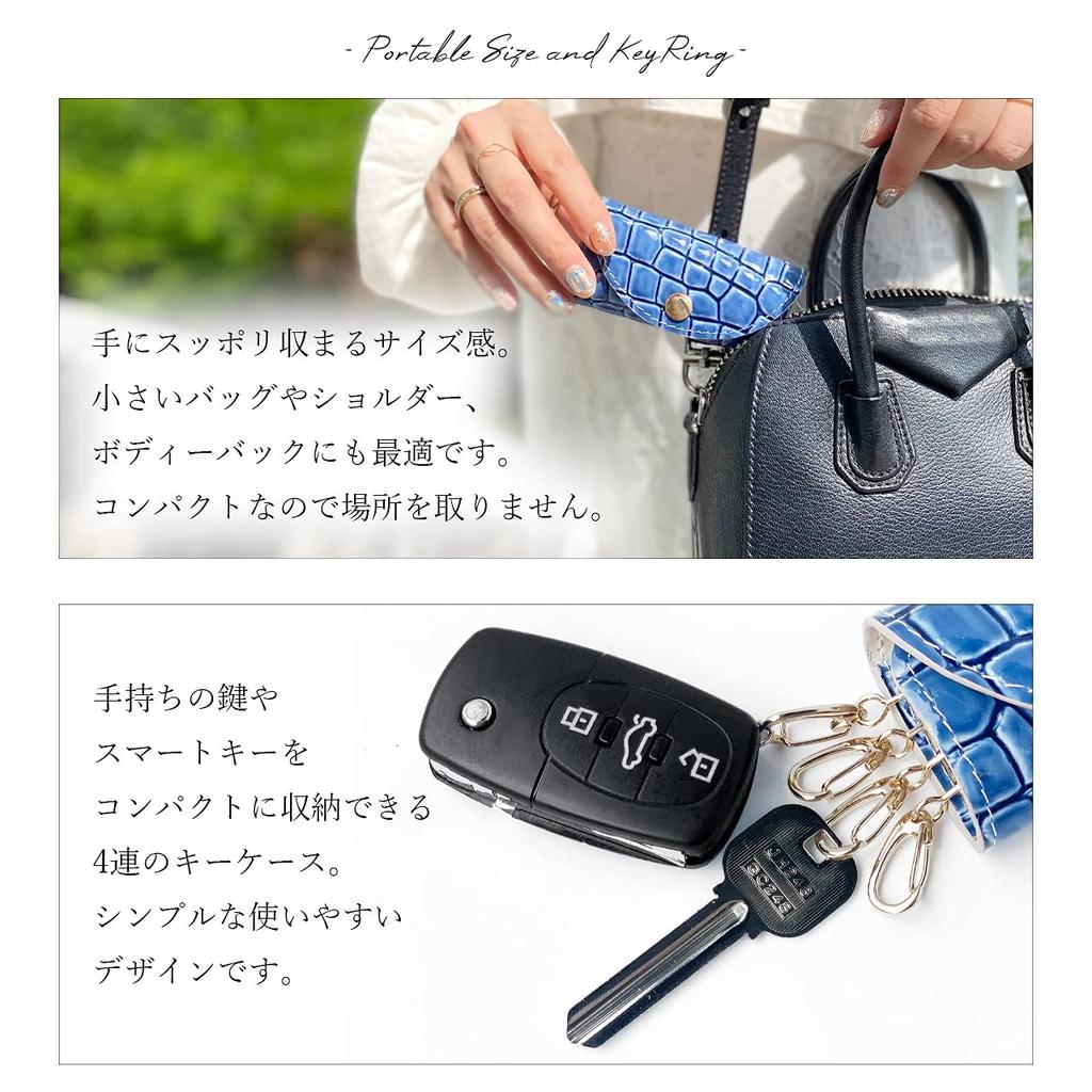 Leo&Aoi Women's 4-Ring Genuine Leather Smart Key Case, Tri-Fold, Cowhide Leather, Compact Key Holder, 4-Ring Key Hook, Beautiful Crocodile Pattern,