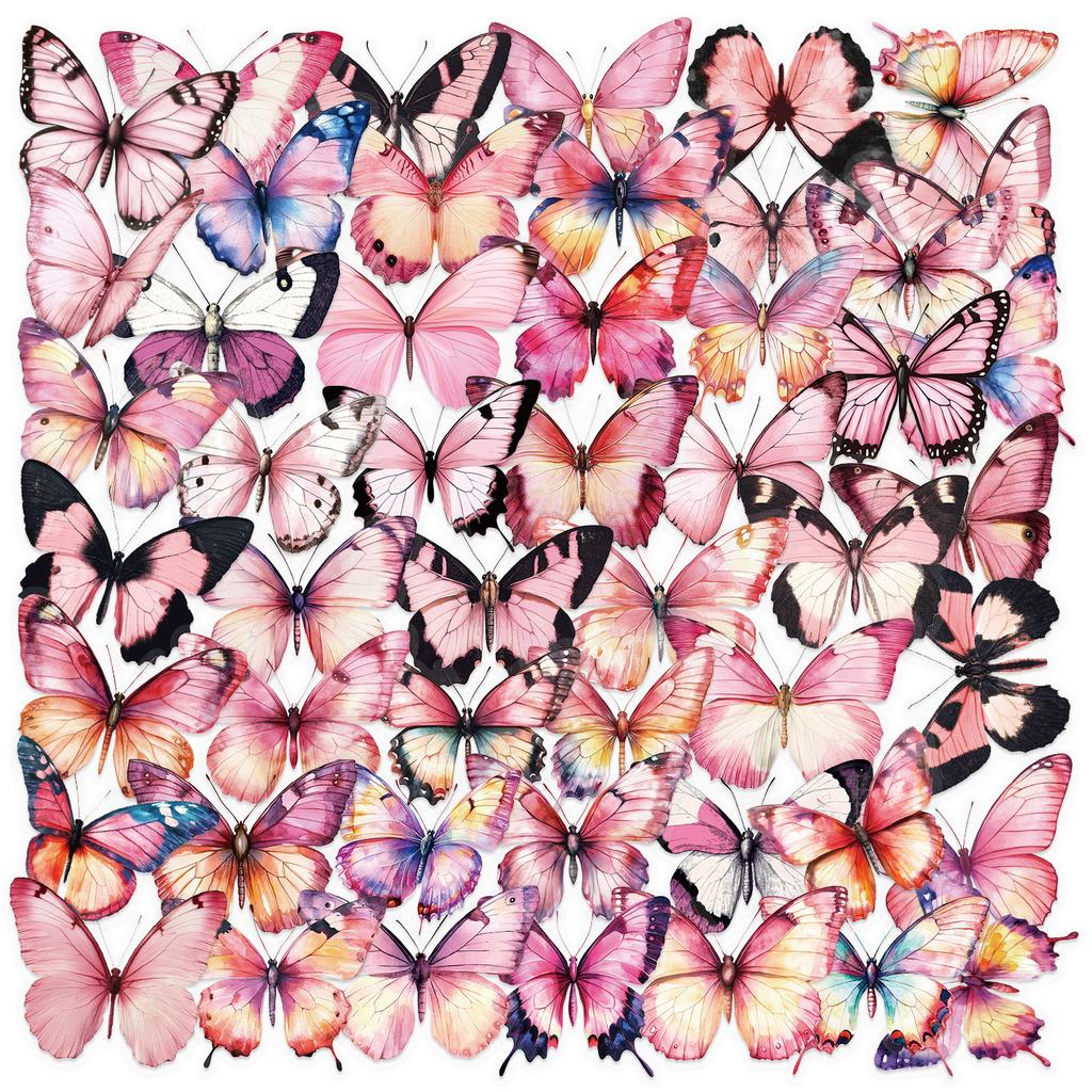 50 Transparent Colored Butterfly Sticker Pack, Waterproof Transparent PET Manual Material Decorative Guitar Notebook