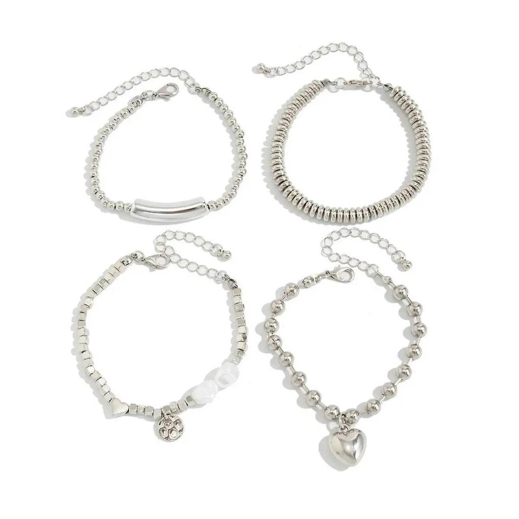 IngeSight.Z 4Pcs/Set Trendy Imitation Pearls Metal Heart Pendant Bracelets Women Luxury Stacked CCB Beaded Bangle Couple Jewelry
