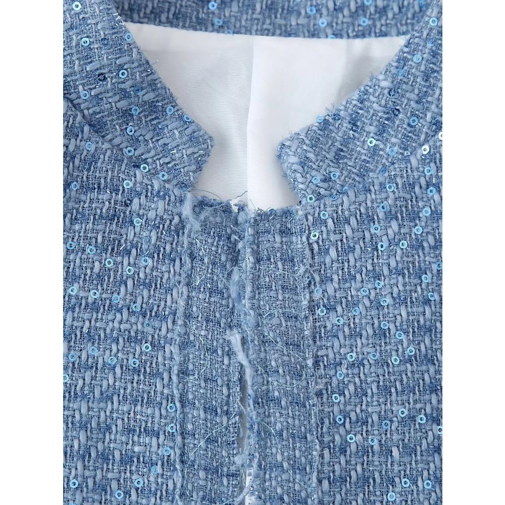 Women's Sequin Stand Collar Long Sleeves Pockets Short Jacket Coat Spring and Autumn New Female Chic Cardigan Jacket