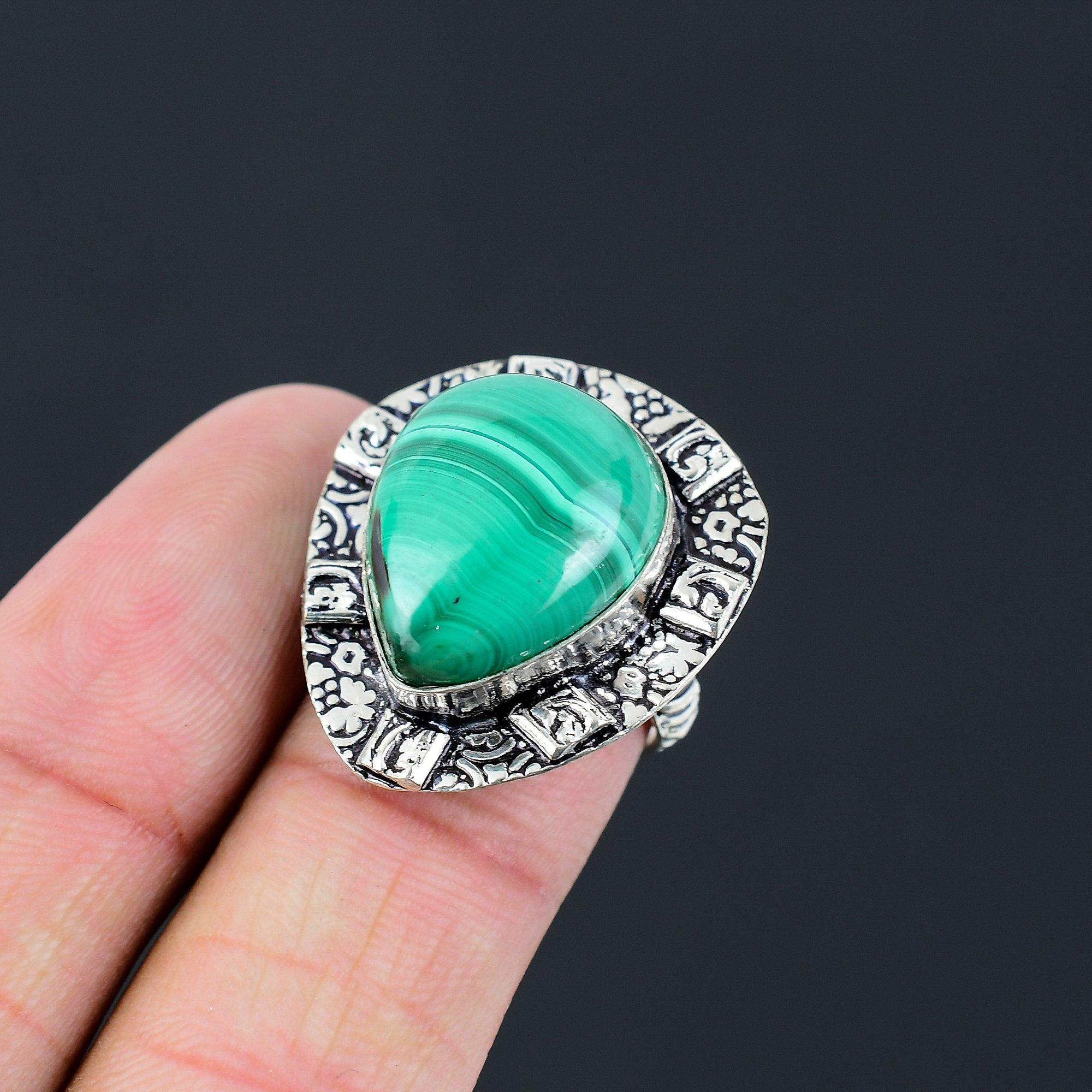 Подарок для нее Кольцо-штабель из стерлингового серебра 925 пробы с натуральным камнем малахит Размер 7 7